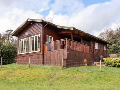 A wooden cabin with a fenced yard and grass at Watersview Lodge in Rudyard near Leek