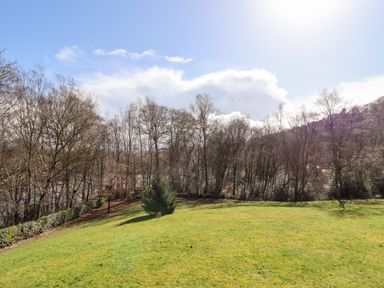 A grassy field with trees and a hill in the background at Watersview Lodge in Rudyard near Leek
