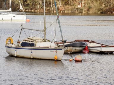 A sailboat and two small rowboats on a river with trees in the background at Watersview Lodge Rudyard near Leek