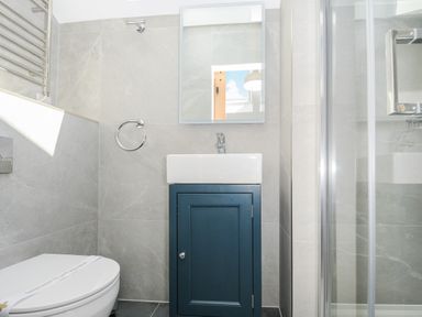 A bathroom with a blue cabinet sink mirror toilet and glass shower enclosure at Stargazy Cottage in Praa Sands