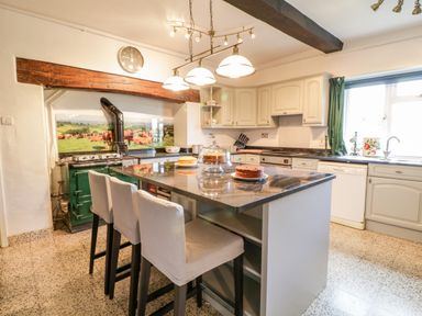 A kitchen with a large island and three chairs a stove with a cow mural above it and a window with green curtain at Squires Rest in Llanfair Caereinion