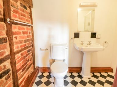 A bathroom with a toilet and pedestal sink next to a brick wall at Squires Rest in Llanfair Caereinion