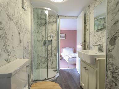 A bathroom with a shower enclosure toilet and sink next to a bedroom at Squires Rest in Llanfair Caereinion