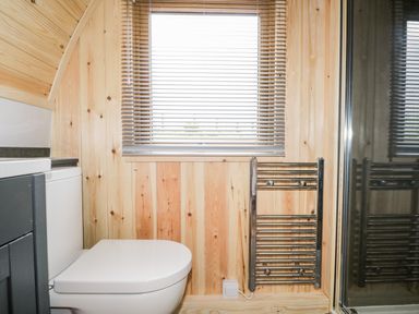 A bathroom with a toilet, wooden walls, a window with blinds, a chrome towel radiator, and a glass shower door at Garraidh Ghorm Pod in Conista