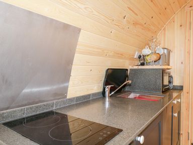 A kitchen countertop with a black electric cooktop a sink a microwave a kettle and cups on a wooden wall at Garraidh Ghorm Pod in Conista