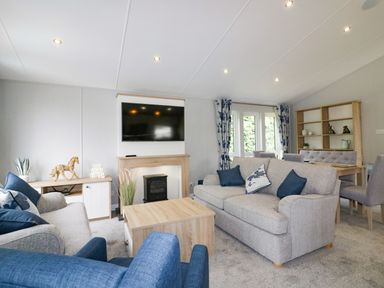 A living room with sofas a television a coffee table and a dining area at Pinehurst Lodge in St Day