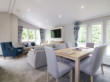 A living room and dining area with grey upholstered chairs a wooden dining table blue armchair and sofa with cushions at Pinehurst Lodge in St Day