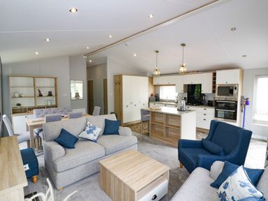 An open plan living room and kitchen with sofas dining table and kitchen island at Pinehurst Lodge in St Day