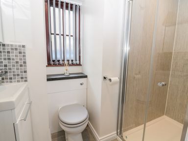 A bathroom with a toilet sink and a glass shower enclosure at The Old Stables in Belford