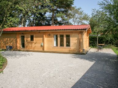 A wooden cabin with red roof on a gravel driveway surrounded by trees at Gardeners Lodge in Huby