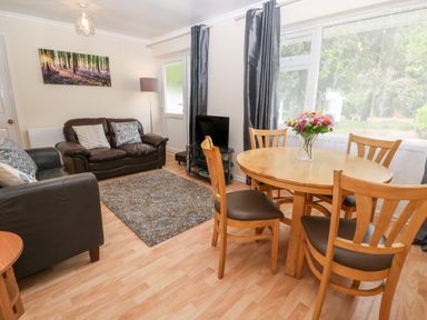A living room with two leather sofas a round wooden dining table with chairs and a vase of flowers at 11 Tremore in Liskeard