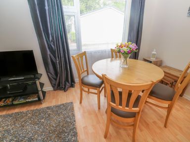 A dining area with a round wooden table and four chairs with a vase of flowers on the table next to a window with dark curtains a television on a stand and a rug on the floor at 11 Tremore in Liskeard