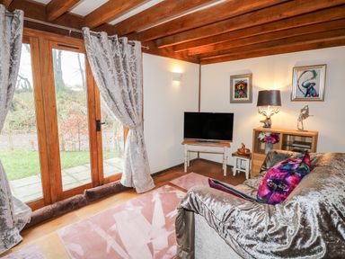 A living room with wooden beams glass doors television couch and decorative pillows at Honeypot Lodge in Camelford