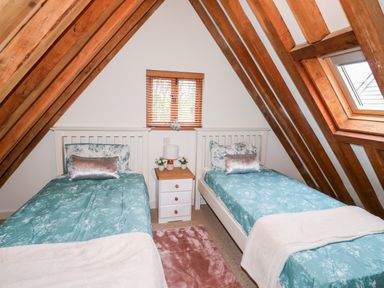 A bedroom with two single beds a nightstand with a lamp and plants under a wooden beamed ceiling at Honeypot Lodge in Camelford