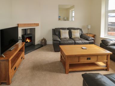 A living room with black leather sofas a wooden coffee table a wooden TV stand with a flat screen TV and a fireplace at Hazonleigh in Seahouses