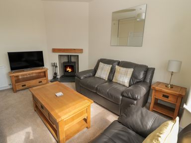 A living room with a leather sofa a coffee table a television and a fireplace at Hazonleigh in Seahouses