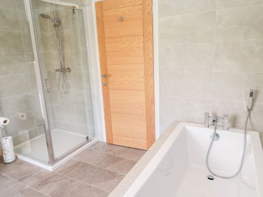 A bathroom with a shower enclosure with glass doors next to a wooden door and a bathtub with a handheld shower at Romsey Lodge in Wark