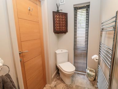 A bathroom with a toilet wooden door wall cabinet window with blinds towel holder and ceramic jug at Romsey Lodge in Wark