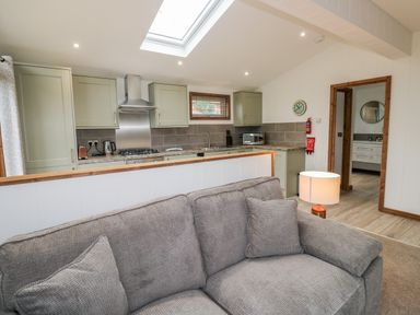 A kitchen with cabinets stove and microwave seen from a living room with gray sofa and lamp at 1 Valley View in Lanreath