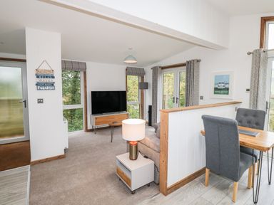 A living room with a TV on a stand a sofa a table lamp and dining table with chairs at 1 Valley View in Lanreath