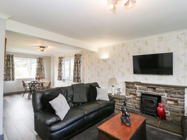 A living room with a leather sofa and a wood table with sculpture a wall-mounted television above a stone fireplace at Pool House in The Narth near Trellech