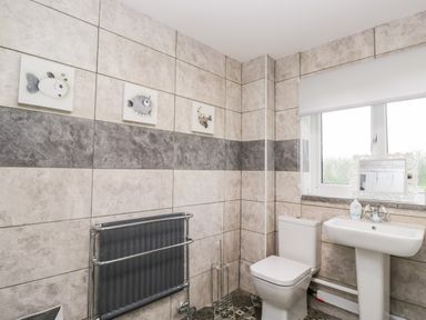 A bathroom with a toilet sink radiator and three fish decorations on tiled walls at Pool House The Narth near Trellech