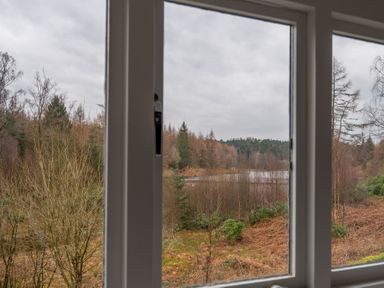 A view of trees and a body of water outside a window at Keepers Cottage in Hawkshead