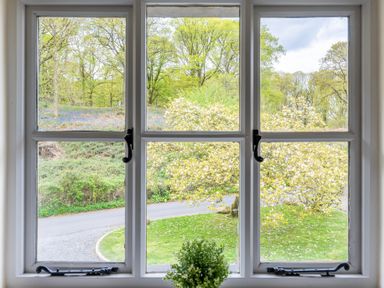 A view of trees and a curved road through a window with white frames and black handles at Grassholme in Hawkshead