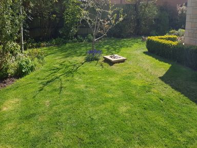A garden with a small tree, flower bed, grass lawn and a fire pit at Rosemead in Moreton-In-Marsh