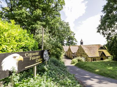A path leading to stone buildings with a sign for Cotswold Falconry Centre surrounded by trees and greenery in Moreton-In-Marsh