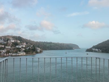 A view of a river with houses on hills on either side seen from behind a metal railing at Manor Studio in Dartmouth