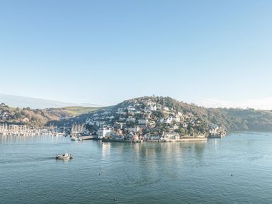 A coastal town with boats on water and houses on a hill at Manor Studio in Dartmouth