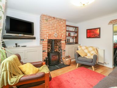 A living room with a brick fireplace wood stove a mounted television two armchairs and a red rug at 21 Florence Road in Pakefield