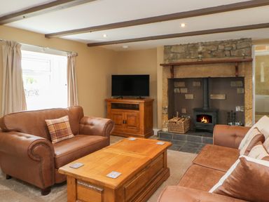 A living room with two brown sofas a wooden coffee table a stone fireplace with fire a wooden TV stand and a window with curtains at Crag View in West Woodburn