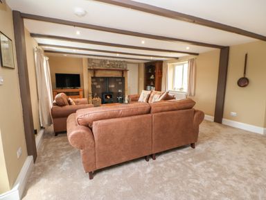 A living room with brown sofas a stone fireplace a television and a window at Crag View in West Woodburn