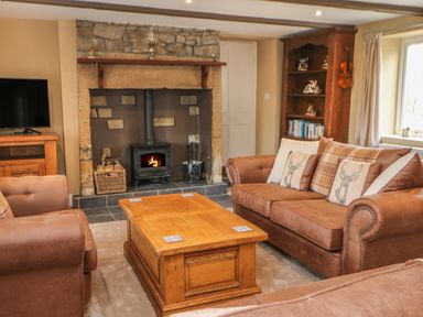 A living room with brown sofas a wooden coffee table a stone fireplace with wood stove and a bookshelf at Crag View in West Woodburn
