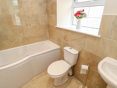 A bathroom with a bathtub toilet sink toilet paper holder and a window with flowers on the sill at Crag View in West Woodburn