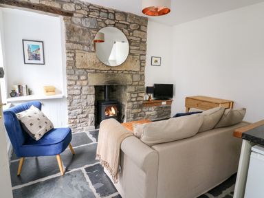 A living room with a stone fireplace a beige sofa a blue chair and a small tv at Pine Cottage in Sedbergh