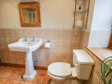 A bathroom with a pedestal sink toilet wall mirror and a metal shelf with soap and toilet paper at Chapel Cottage in Leonard Stanley near Kings Stanley