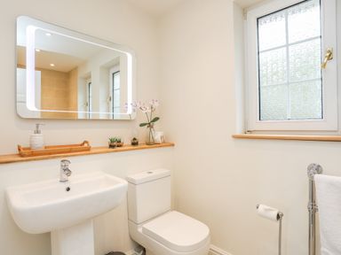 A bathroom with a sink toilet illuminated mirror window and small plants at Sea View Cottage Menai Bridge