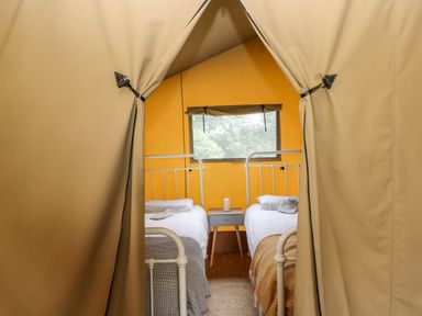 A tent interior with two single beds separated by a small nightstand at Honey @ Stars & Embers Glamping in Grampound