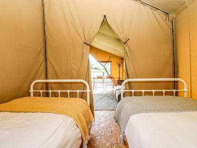 A tent interior with two beds covered with blankets and an open flap leading to a dining area at Honey @ Stars & Embers Glamping in Grampound