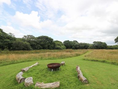 A fire pit surrounded by logs on grass with trees and a pathway in the background at Honey @ Stars & Embers Glamping in Grampound