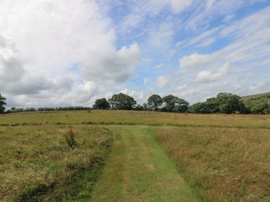 A grassy path leading through a field with trees in the distance under a partly cloudy sky at Honey @ Stars & Embers Glamping in Grampound