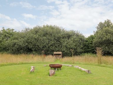 A grassy outdoor area with a fire pit surrounded by logs and a wood storage shed in front of bushes at Bumble @ Stars & Embers Glamping in Grampound