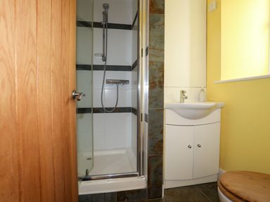 A bathroom with a shower enclosure sink with cabinet and toilet with wooden seat at Capel Hermon in Llanynghenedl near Bodedern