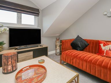 A living room with an orange sofa black and red cushions a television on a wooden stand and a decorative tray on a table at Bishop Fell in Newby Bridge