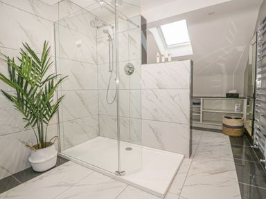 A bathroom with a glass-enclosed shower a potted plant and storage shelves at Bishop Fell in Newby Bridge