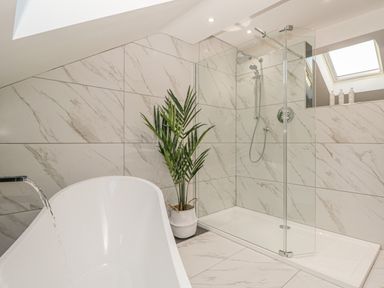 A bathroom with a freestanding bathtub a glass shower enclosure and a potted plant at Bishop Fell in Newby Bridge