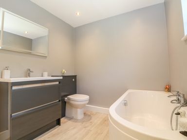A bathroom with a bathtub a toilet a sink with a cabinet and a mirror at Trevore Farmhouse in Chacewater